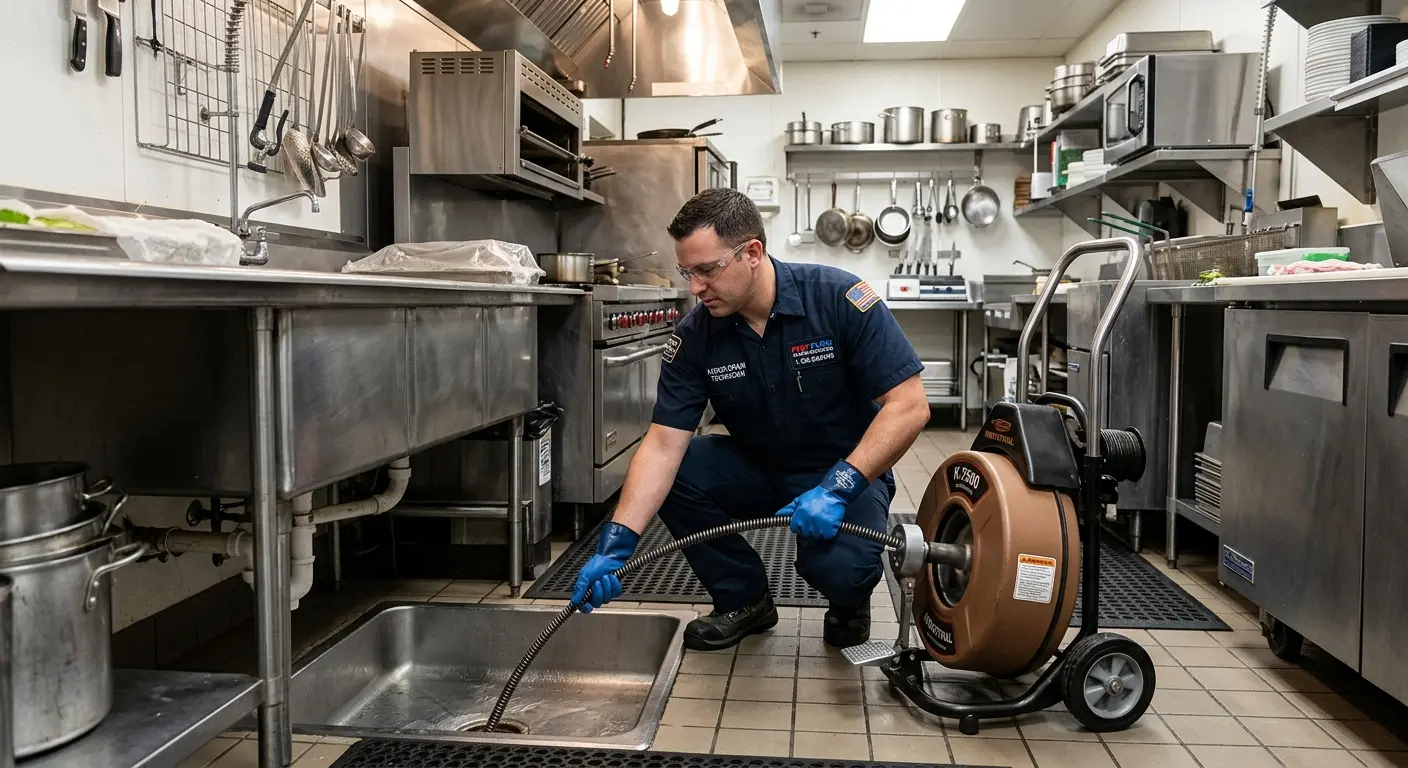 Commercial drain cleaning service in a restaurant kitchen in Carencro