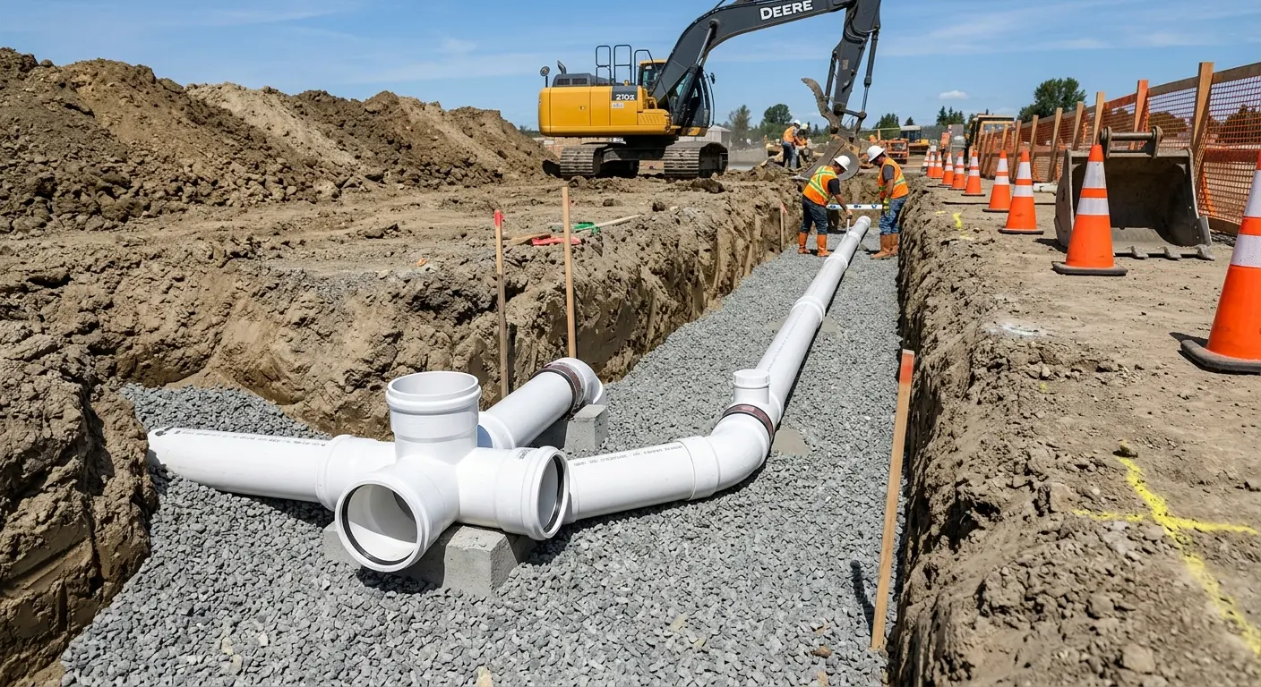 New PVC sewer pipe installation in open trench for Commercial Drain Cleaning in Carencro
