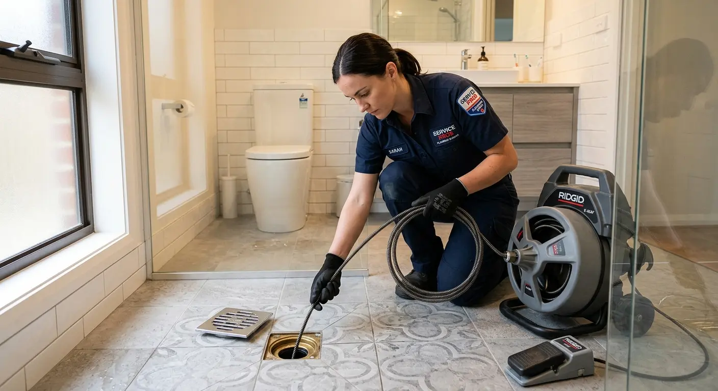 Technician clearing a bathroom floor drain for Drain Repair in Carencro
